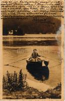 1916 Tátra, Magas-Tátra, Vysoké Tatry; Csorba-tó, csónakázó hölgy / Csorba-See / Strbské pleso / lak...