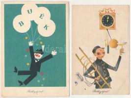 16 db MODERN grafikai újévi üdvözlő képeslap (Képzőművészeti Alap) / 16 modern graphic New Year art ...