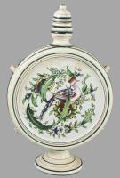 1825 Kerámia butella paradicsommadár mintával, jelzett, kupakja ragasztott, m: 28 cm
