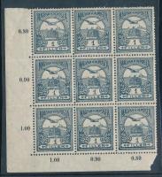 1913 Turul 1f álló vízjellel ívsarki 9-es tömb benne 2 db II. típus