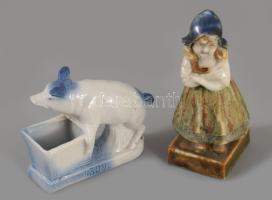 Szerencsemalac és antik kislány figurás virágtartók, egyik jelzett, hibátlan, m: 10 cm alatt