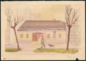 1944 Kaczur György akvarellképe a pápai Jókai-házról, felületi és lapszéli sérülésekkel, 15,5×22,5 c...