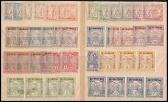 1915 Hadisegély (II.) 77 db bélyeg közte összefüggések, II. típusú bélyegek, rövid 60f, értékszám el...