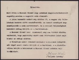 1953-1957 Solymár István értesítése kőnyomatos + saját kézzel aláírt önéletrajzával