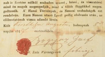 1847 Keszthelyen kiállított nemesi útlevél Bogyay József Zala vármegye főbirájának aláírásával