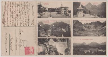1917 Tátra, Magas-Tátra, Vysoké Tatry; ragasztott, 3-részes kihajtható képeslap 12 kis képpel, közte...