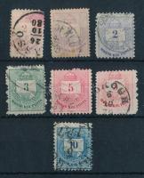 1874-1881 7 db Színesszámú Krajcáros bélyeg elfogazásokkal, vegyes minőségben