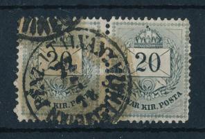 1874 Színesszámú 20kr pár 13-as fogazással, alul ernyős javítással, a bal oldali bélyeg szélesre fog...