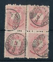 1874 Színesszámú 5kr 4-es tömb II. típus, a bal oldali bélyegek szélesebbre fogazva