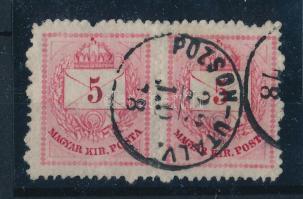 1874 Színesszámú 5kr pár, középen fogeltömődés "POZSON-UTALV." (Gudlin 150 p)