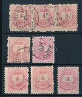 1874 8 db Színesszámú 5kr közte 3-as csík, üreges értékszám, folt, forrasztás nyom, gépszínátnyomat,...