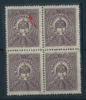 1916 Postatakarék 4-es tömb, a bal felső bélyegen az értékszám f jelzése hiányos (gumiér / gum creas...