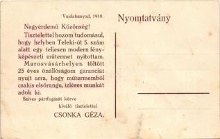 Vajdahunyad, Hunedoara; Teleki út 5. Csonka Géza fényképész új műterme 1910-ben, hátoldalon a fotós ...