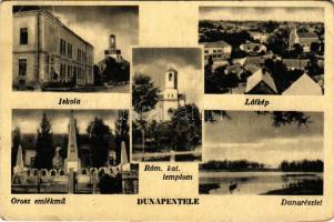 1949 Dunaújváros, Dunapentele, Sztálinváros; Iskola, látkép, római katolikus templom, orosz emlékmű,...