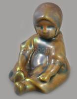 cca 1930 Zsolnay eozin mázas kendős kislány, jelzett, kis karcokkal, m: 8 cm