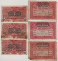 1916. 1K (3x) + 1917. 2K (3x), mind zöld "DEUTSCHÖSTERREICH" bélyegzéssel T:F-VG folt