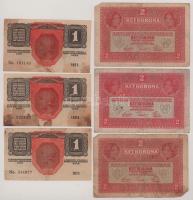 1916. 1K (3x) + 1917. 2K (3x), mind zöld "DEUTSCHÖSTERREICH" bélyegzéssel T:F-VG folt