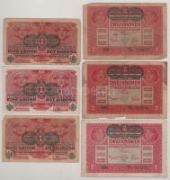 1916. 1K (3x) + 1917. 2K (3x), mind zöld "DEUTSCHÖSTERREICH" bélyegzéssel T:F-VG folt