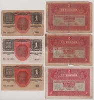 1916. 1K (3x) + 1917. 2K (3x), mind zöld "DEUTSCHÖSTERREICH" bélyegzéssel T:F-VG folt