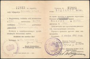 1945 Bp., a Magyar Kereskedelem- és Közlekedésügyi Miniszter által kiállított közlekedési engedély C...