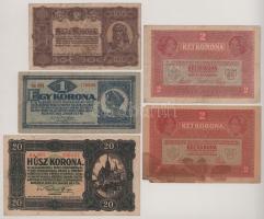 1917. 2K (2x) felülbélyegzés nélkül + 1920. 1K + 1920. 20K + 1923. 100K "Magyar Pénzjegynyomda ...