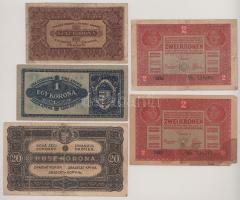 1917. 2K (2x) felülbélyegzés nélkül + 1920. 1K + 1920. 20K + 1923. 100K "Magyar Pénzjegynyomda ...