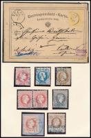 1867 4 db 5kr, 1 db 10kr, 15kr, 25kr és 50kr + Futott 2kr díjjegyes levelezőlap