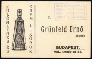 cca 1935 Grünfeld Ernő italkereskedő reklámlapja, hátoldalán utánvétes megrendelési lehetőséggel, sz...
