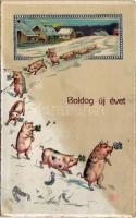 Boldog Újévet / New Year greeting art postcard with pigs and clovers. litho (fl)