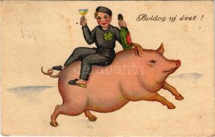 Boldog Újévet / New Year greeting art postcard with chimney sweeper, champagne and pig (fl)