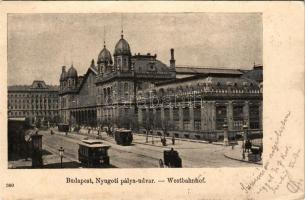 1899 Budapest VI. Nyugati pályaudvar, vasútállomás, villamosok télen (EK)
