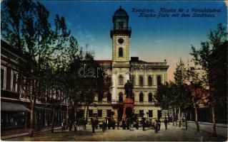 1927 Komárom, Komárno; Klapka tér a városházával, piac, üzletek / square, town hall, market, shops (...