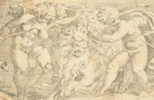 ca 1580 Paulo Ferinati (1524-1606) A részeg szatír. Reneszánsz rézmetszet, papír, jelzett. / The dru...