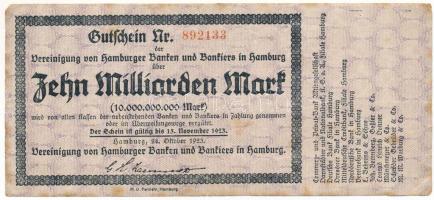 Német Birodalom / Weimari Köztársaság / Hamburg 1923. 10.000.000.000M szükségpénz vízjeles papíron &...