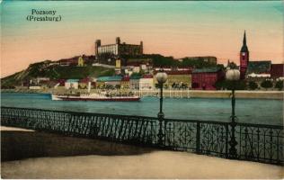Pozsony, Pressburg, Bratislava; Duna-part, vár, gőzhajó / Danube riverside, castle, steamship