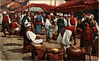 1914 Marktszene, Bosnische Getreidhändler. Druck von M. Schulz / Bosnian market place, folklore, mer...