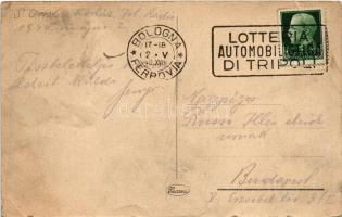 1940 Bologna, Via Ugo Bassi / street view, tram, automobiles + "Lotteria Automobilistica di Tri...