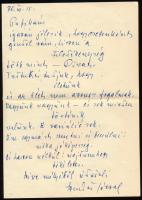 1970 Szendrő József (1914-1971) színész által Hegedűs Lászlónak küldött kézzel írt levél, borítékkal