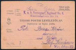 ~1916 Tábori posta levelezőlap "K.u.k. Festungsart. Regiment No. 6. Haubitzbatterie No. 24.&quo...