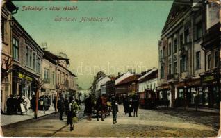 1912 Miskolc, Széchenyi utca, villamos, üzletek (b)