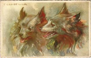 1927 Kutyák művészlap / dogs art postcard s: T. Corbella (szakadás / tear)