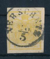 1850 1kr MP krómsárga "VERSCHETZ" (elvékonyodás / thin paper)