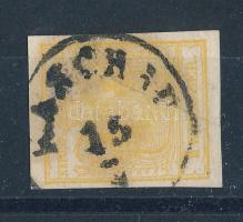 1850 1kr MP kadmiumsárga "KASCHAU" (bélyegragasztóval javított bevágás / cut below)