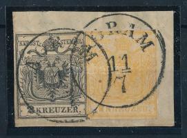 1850 1kr HP I fekete + 2kr HP I narancs lilliputi vágással kivágáson "AGRAM" (ANK EUR 400....