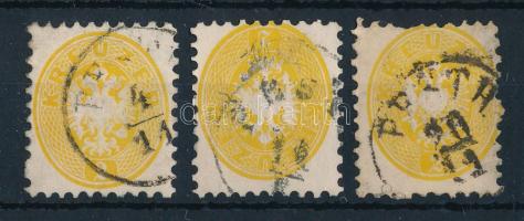 1864 3 db 2kr, egyik foghibás "PESTH"