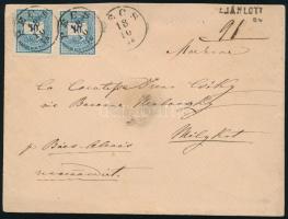 1878 2 x Színes számú 10kr ajánlott levélen "PÉCS" - "SZABADKA" - Mélykút