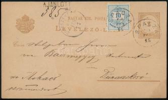1889 Díjjegyes levelezőlap 10kr díjkiegészítéssel ajánlott küldeményként "SPÁCZA" - "...