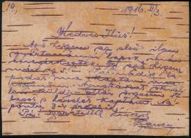 1915 Nyírfakéregből készült tábori lap az orosz frontról Nagykanizsára / Field postcard made of birc...