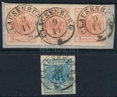 1850 "CLAUSENBURG" bélyegzés 3kr hármascsíkon és 9kr bélyegen
