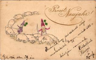 1901 Prosit Neujahr / Újévi szecessziós, dombornyomott üdvözlőlap törpékkel és malacokkal / New Year...